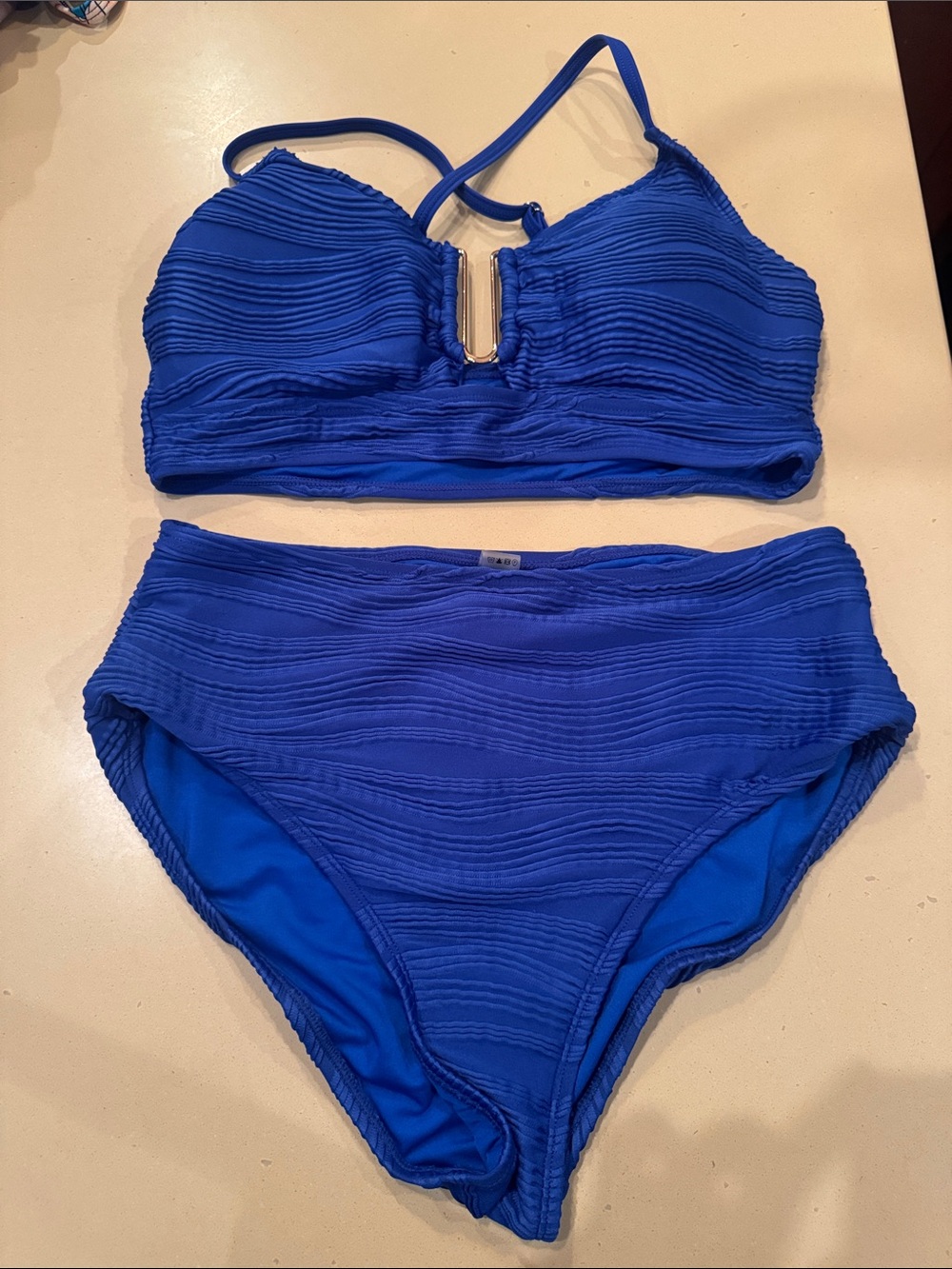 Blue Textured High-Waist Bikini Set